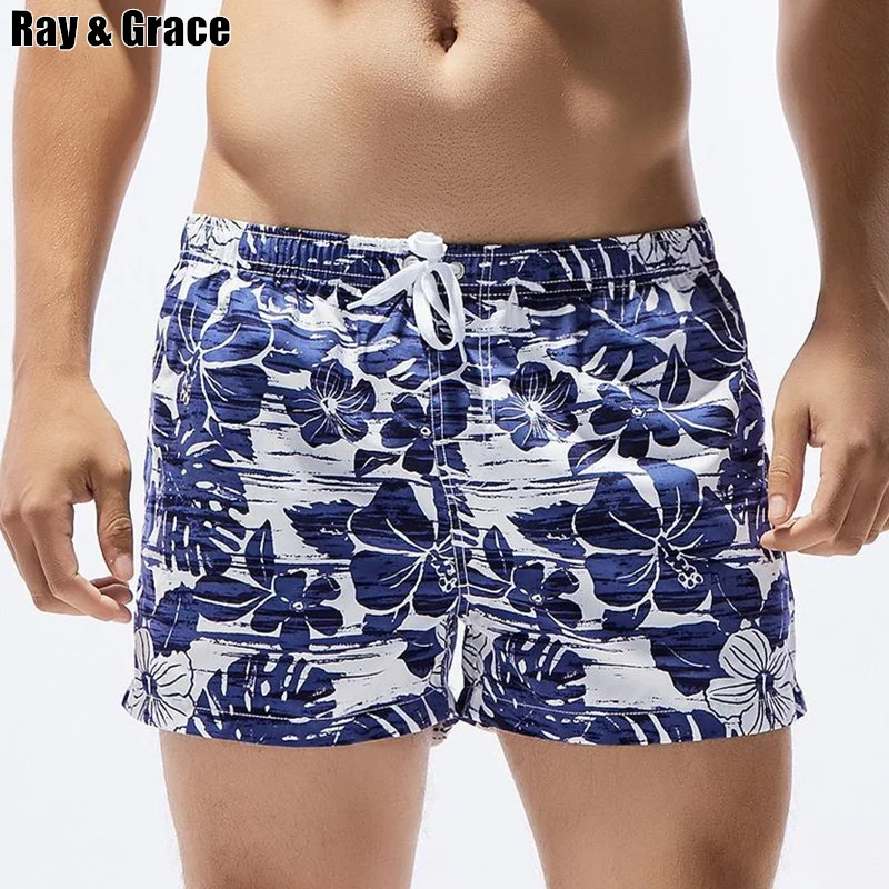 

RAY GRACE Floral Print Men's Pocket Beach Shorts Quick Dry Swim Shorts Trunks Surfwear Board Shorts For Men Summer