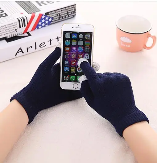 9 Navy Blue Зимние перчатки для сенсорного экрана для женщин и мужчин теплые эластичные вязаные варежки Имитация шерсти полный палец Guantes женский крючком Luvas утолщаются - Цвет: 9 Navy Blue