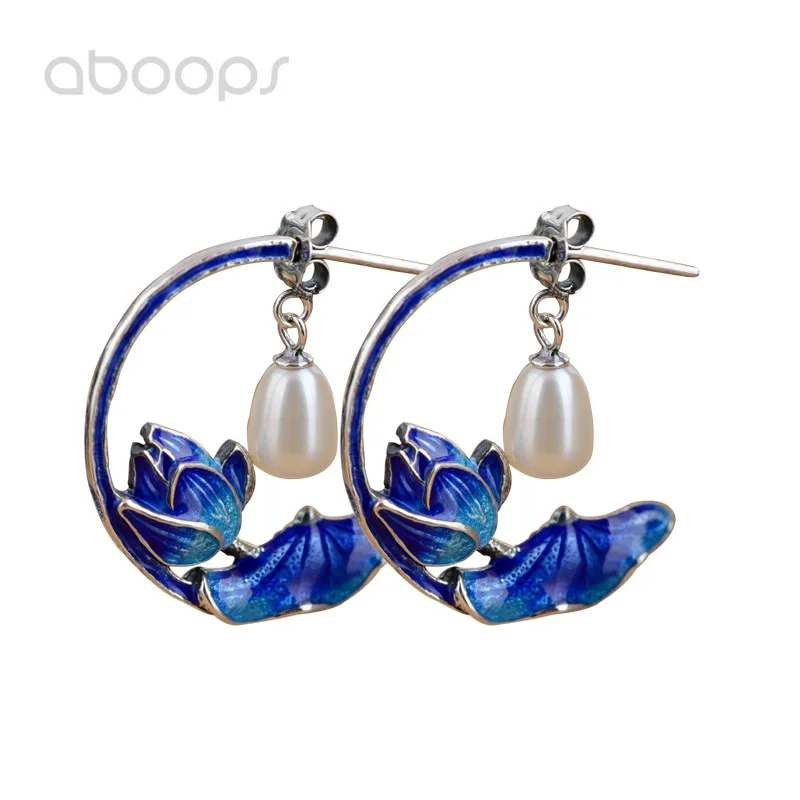 

Half Round 925 Sterling Silver Enamel Lotus Flower Stud Earrings for Women Girls Free Shipping