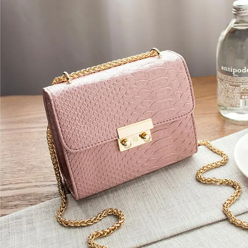 COOL WALKER Alligator Crocodile Leather Mini Small Women Crossbody bag chain women's handbag messenger shoulder bag with Pink