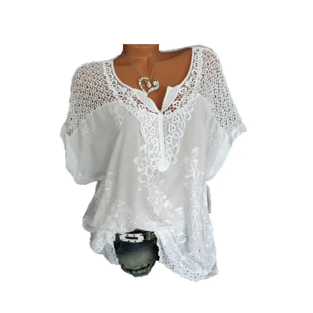 

2019 New Women V-Neck Short Sleeve Hollow Out Casual Lace Flower Loose Tops Tee Summer T-Shirt Plus Size