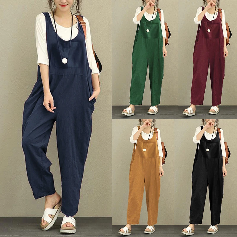 Oversized Women Linen Jumpsuit Celmia 2018 Summer Vintage Solid Romper