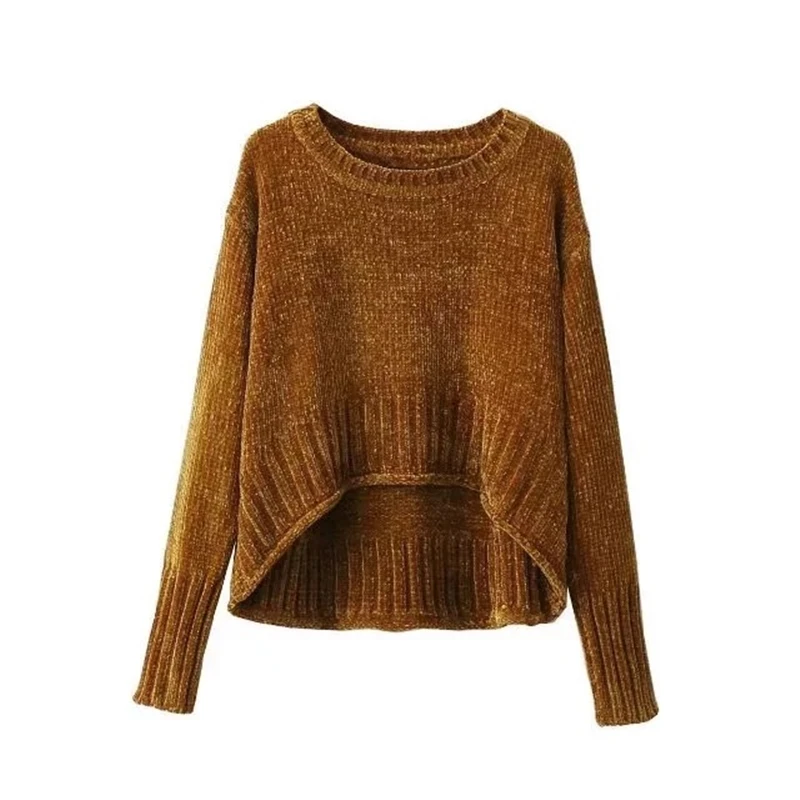 Осенняя мода, Ретро стиль, синель, золото, бархат, женский свитер, короткий топ, обычный, Круглый ворот, свободный, нестандартный, пуловер, свитер для женщин - Цвет: as picture