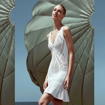 

Fashion Patchwork Beige Mesh Dress Sleeveless Hpllow Out Vestidos Party Celebrity Evening Backlees Elegant Summer Bandage Dress