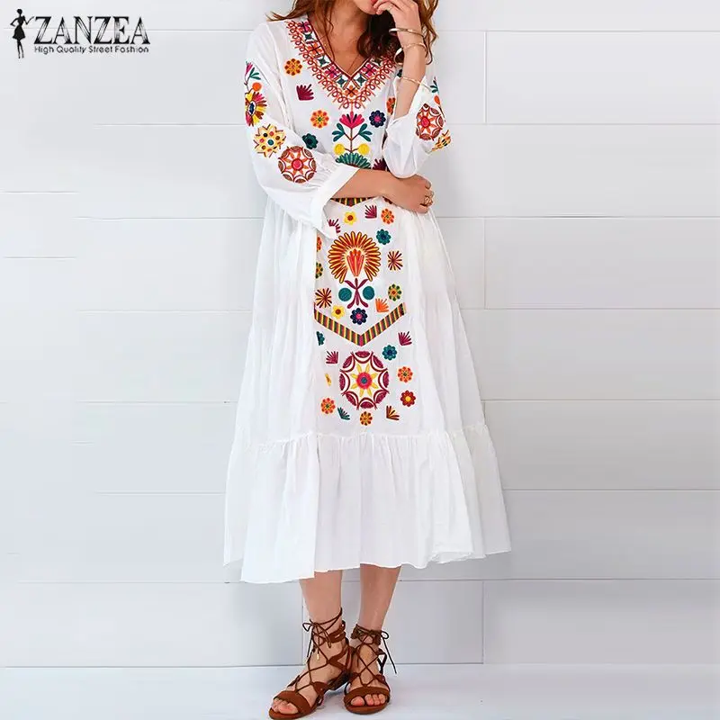 

ZANZEA Sexy Summer Bohemian Dress Women White Long Midi Dress Three Quarter Sleeve V Neck Vestido Plus Size Beach Streetwear