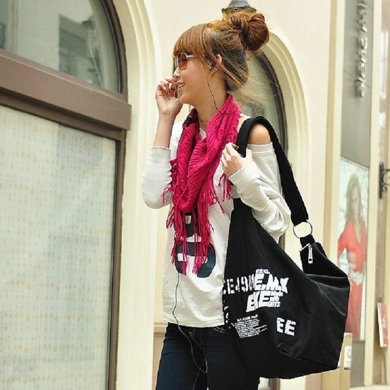 Beg Bahu Wanita Bahagia Satchel Irregular Canvas Crossbody Sekolah Messenger Beg untuk Gadis Fesyen Kasual Single Bahu Beg