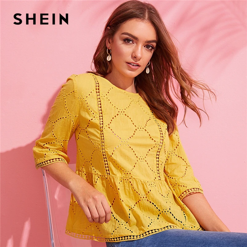 SHEIN, топ с баской на спине, блузка, желтый, бохо, однотонный, кружево, с ушками, вышивка, оборки на подоле, женские летние блузки