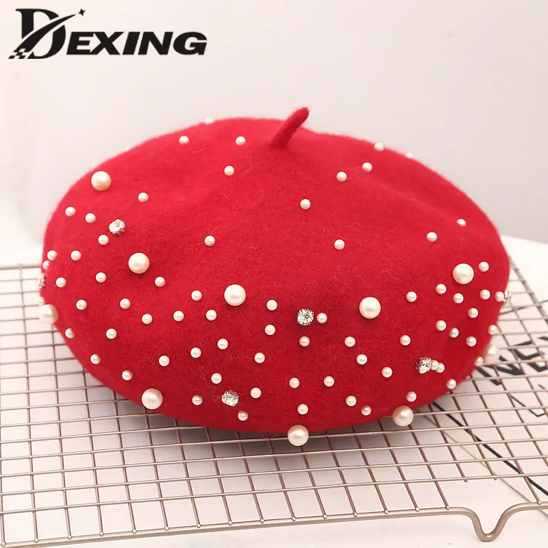 

2018 New Fashion Winter Pearl Diamond Decoration Knit Beret Ladies Wool Warm Pumpkin hat Bead Bone Female Women Octagonal cap