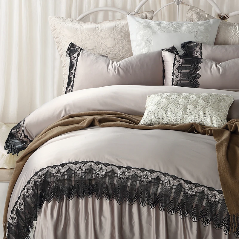 

Solid Color Lace Border Embroidery Bedding Set 6pcs Queen King Size Egyptian Cotton Duvet Cover Bedskirt Pillow Cases