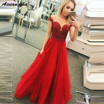 

New Red Tulle Long Formal Long Evening Dress Floor Length Beaded Lace Top A Line Custom Made Prom Gown Vestido De Fiesta