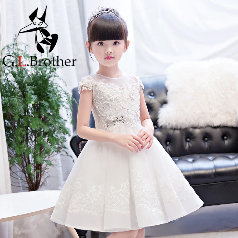

White Ball Gown Princess Dress Birthday Party Short Sleeve Lace Crystal Appliques Flower Girl Dresses Wedding Kids Pageant Dress