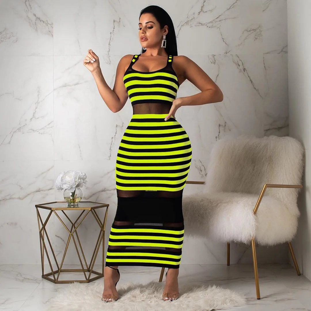 

Neon Green Striped Sexy Bodycon Dress Mesh Patchwork Long Maxi Bandage Dresses Women Summer 2019 Club Wear