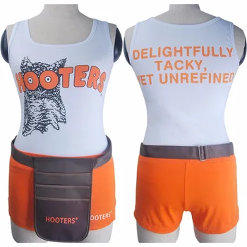 

Women's girls Hooters uniform sexy outfit bar maid waiting staff restaurant shorts top bag halloween costume white