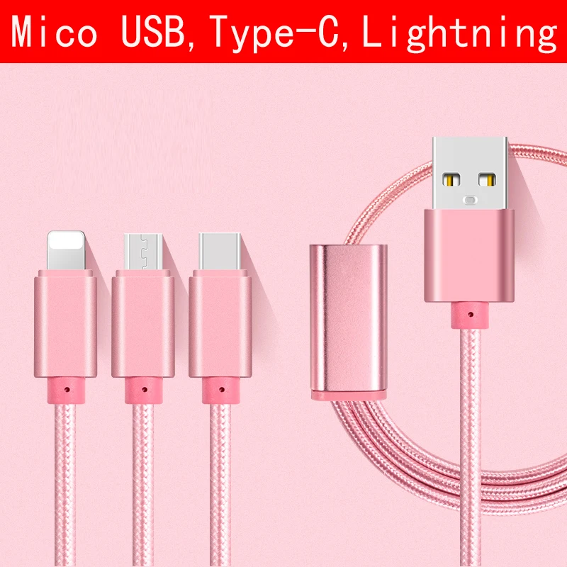 3 в 1 Кабели микро-usb для мобильных телефонов samsung A3A5A7A89j3j5 huawei HtC для iPhone Ipad/type-c кабель для Xiaomi Meizu LG