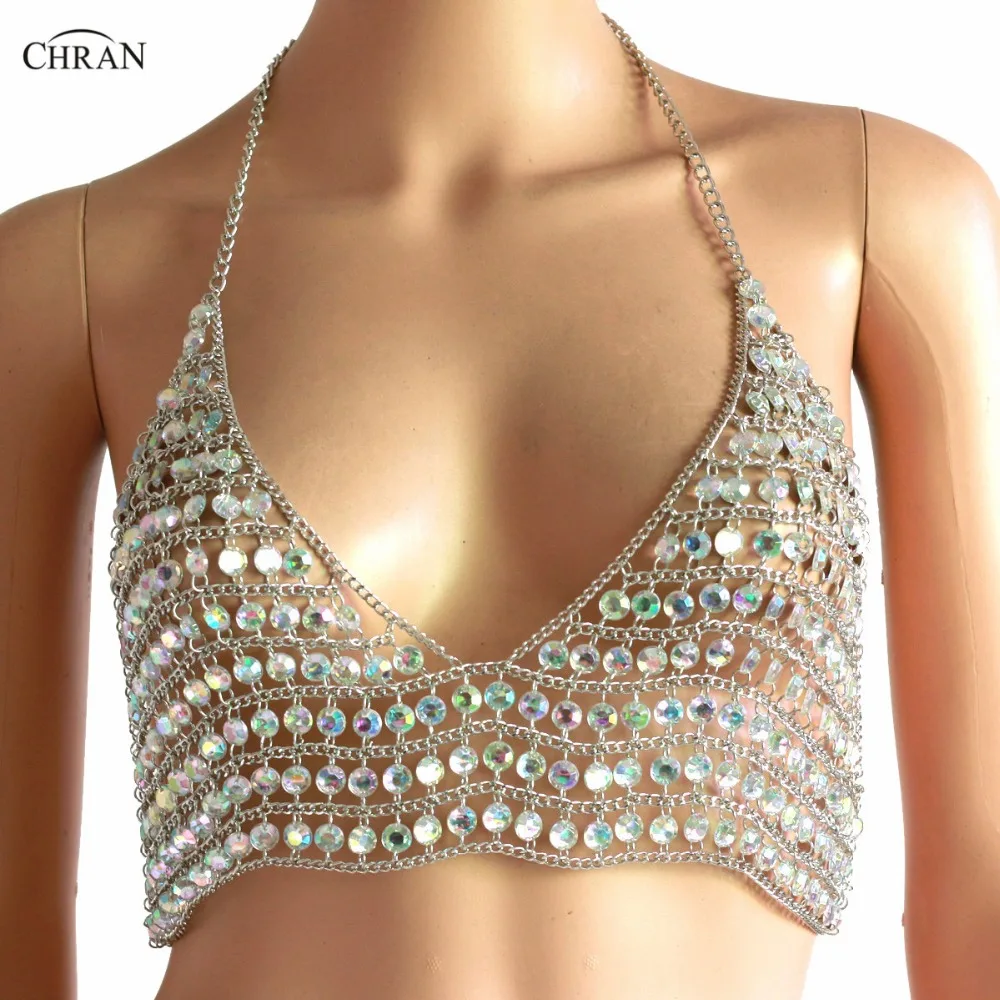 

Chran Chain AB Gem Crop Tops Glitter Top Beachwear Harness Necklace Bohemian Womens Chainmail Bralette Clubwear Festival Jewelry