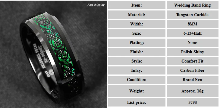 8 мм вольфрамовое кольцо черный кельтский дракон зеленый Карбон волокно на открытом воздухе мужское обручальное кольцо
