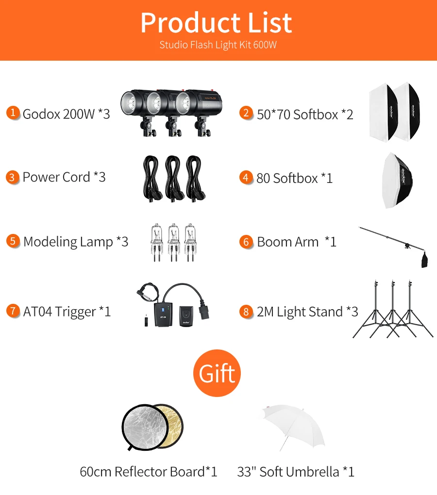 Godox 600Ws Strobe Studio Flash Light Kit 3pcs 200Ws Photographic