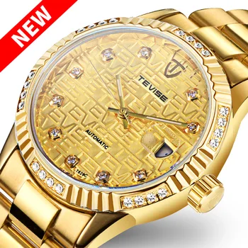 

TEVISE Diamond Gold Watch Men Date Luminous Waterproof Clock Men Business Men Watches Automatic Mechanical Wristwatches