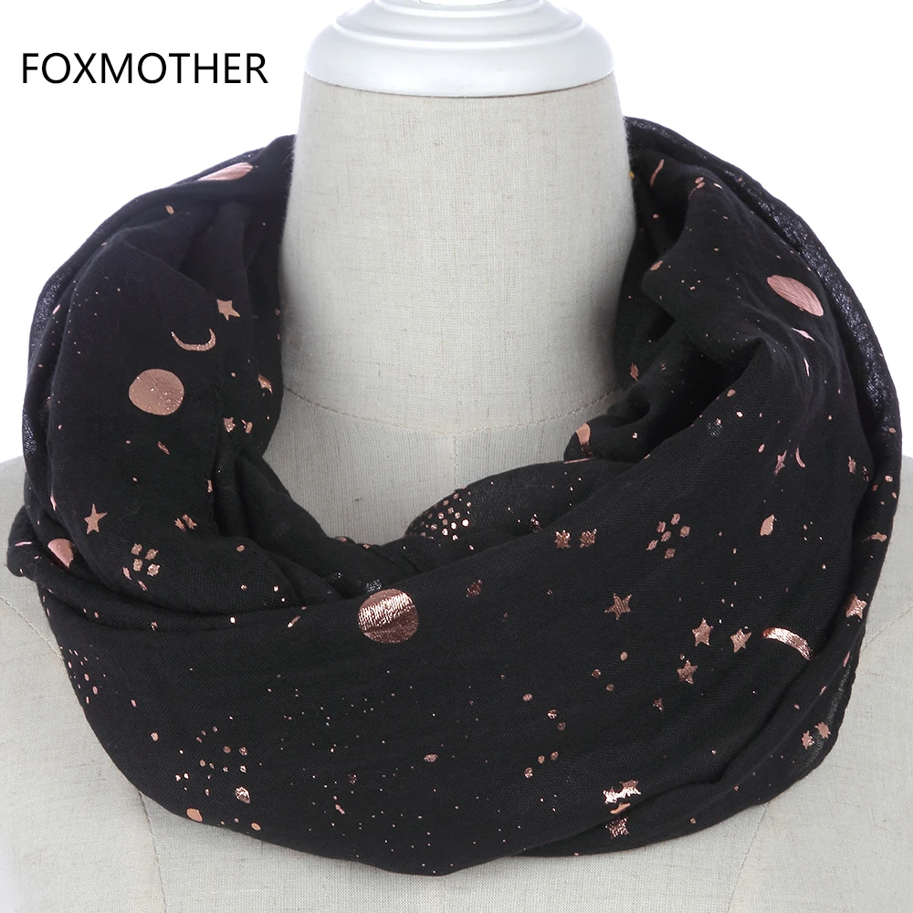 FOXMOTHER Новый блестящий черный Звезда Луна Фольга Золотой шарф для женщин