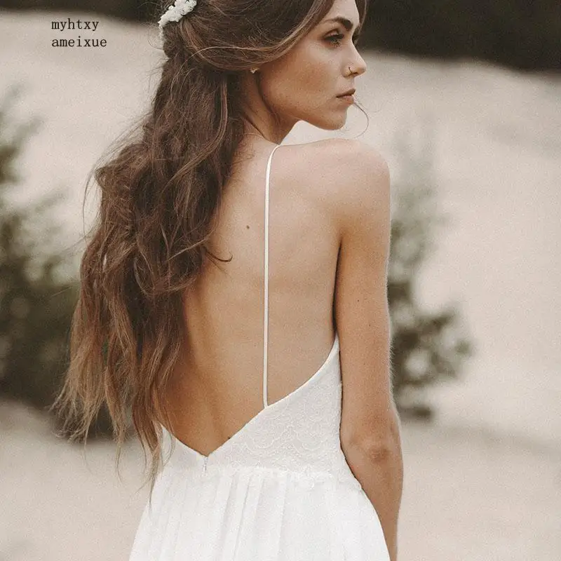 Дешевое пляжное сексуальное свадебное платье на тонких бретельках Boho с v