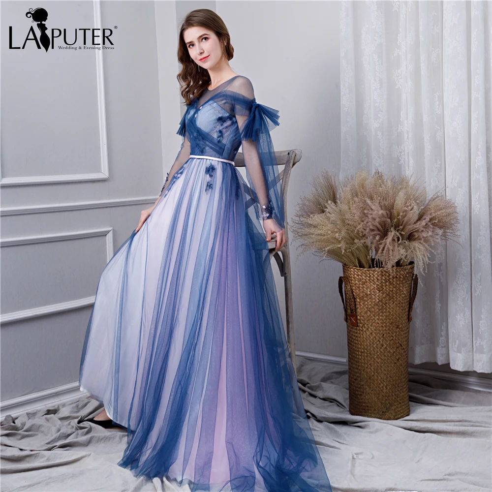 

LAIPUTER Elegant Evening Dress Long 2019 Navy Blue Beading Ruffles Sash Net Backless with Lace Up Prom Gown Long Sleeve