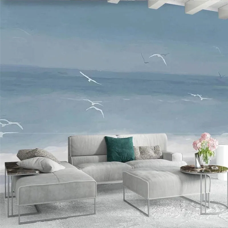 

Custom 3D Fabric Textile Wallcoverings For Walls Matt Silk For Living Bedroom Bedroom TV Background Sea gulls Hand Painted Good