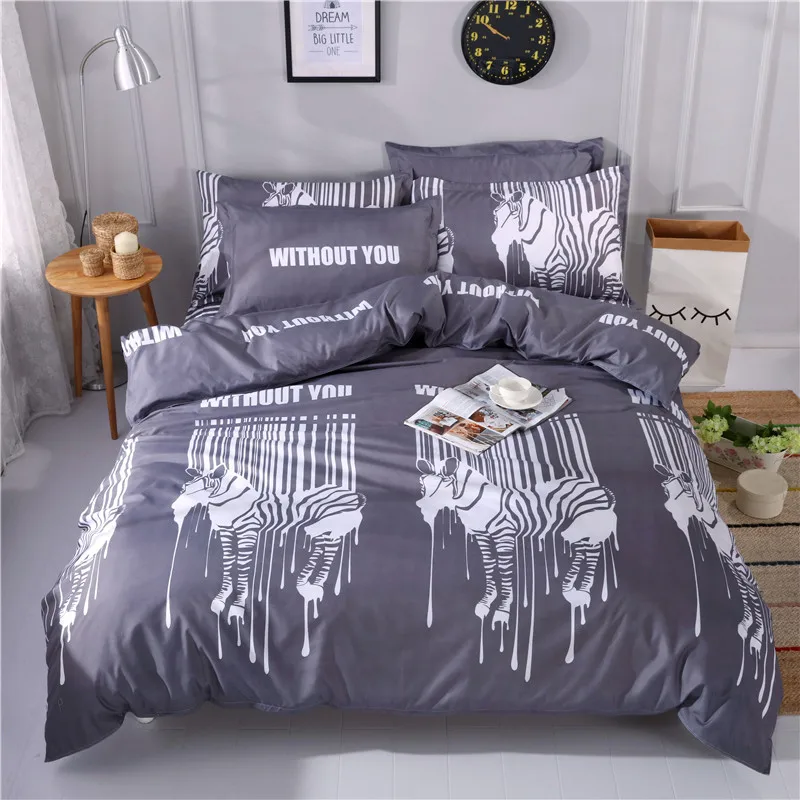 

Stylish Gray-White Zebra Pattern Polyester Fabric Bedding Set For Adults 4Pcs Queen Size Duvet Cover Bed Sheet Set Pillowcases