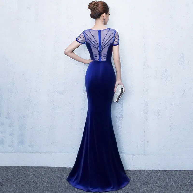 Королевское синее прозрачное Сетчатое и хлопковое сексуальное платье с круглым вырезом и короткими рукавами, расшитое бисером и блестками, длина до пола, Клубная одежда, платья для вечеринок