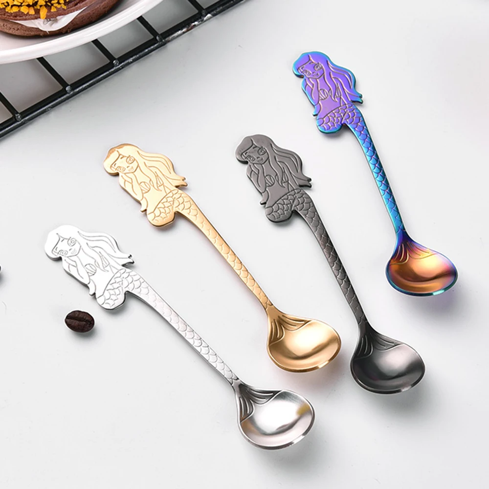 Tea Spoon 304 Stainless Steel TeaSpoon Cute Mermaid Pattern Dessert Snack Coffee Spoon Party Kitchen Wedding Gift Tableware