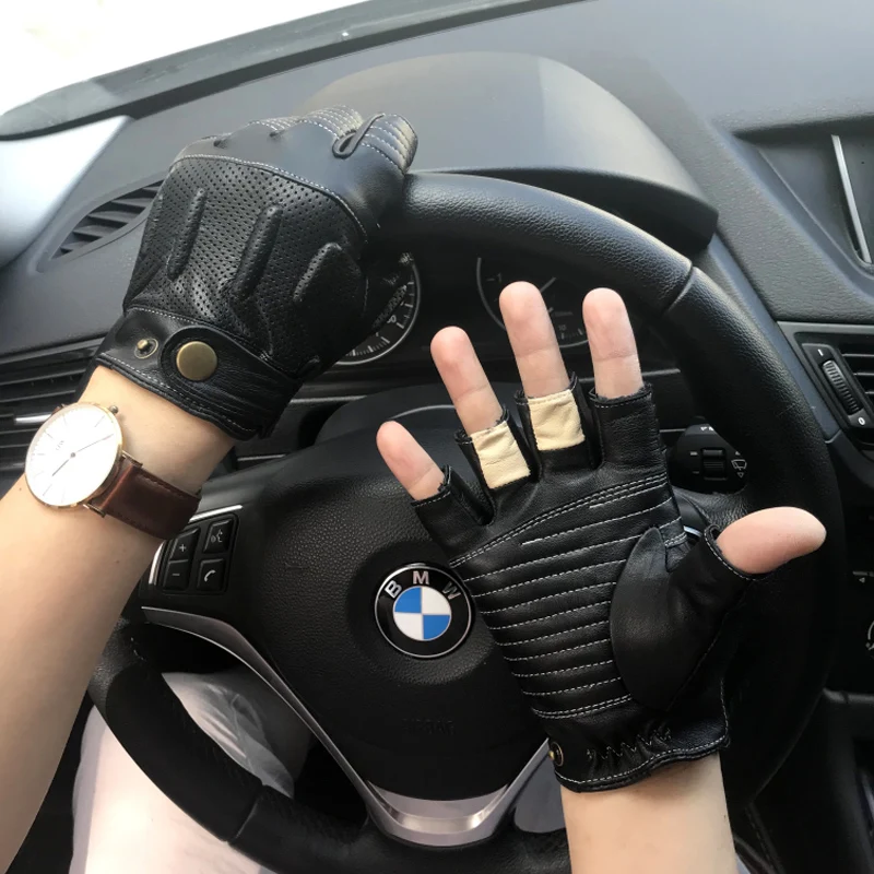 

Man Half Finger Gloves Mens Driving Unlined Goatskin Retro Motorcycle Leather Gloves Male Semi-Fingers Non-slip Mitten Gloves