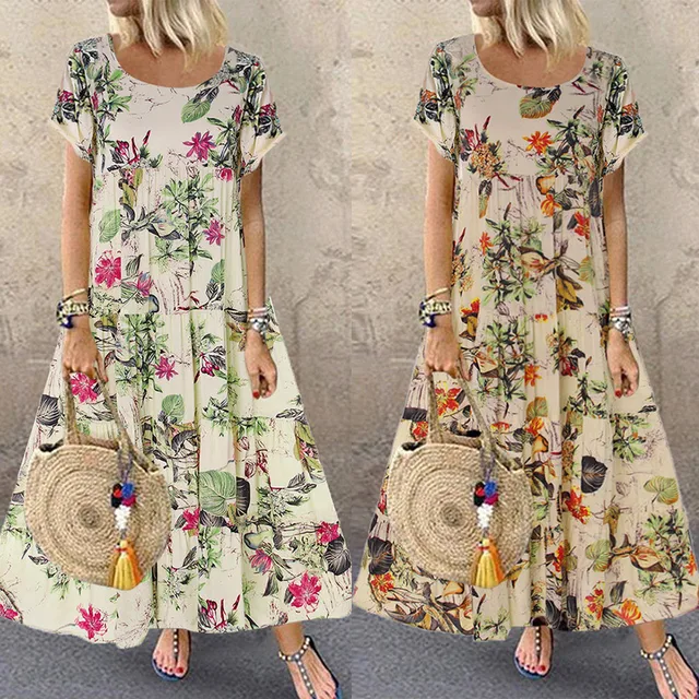 US $7.14 Summer New Fashion Womens Plus Size Casual Short Sleeve Boho Retro Linen Print Long Maxi Dress Whol