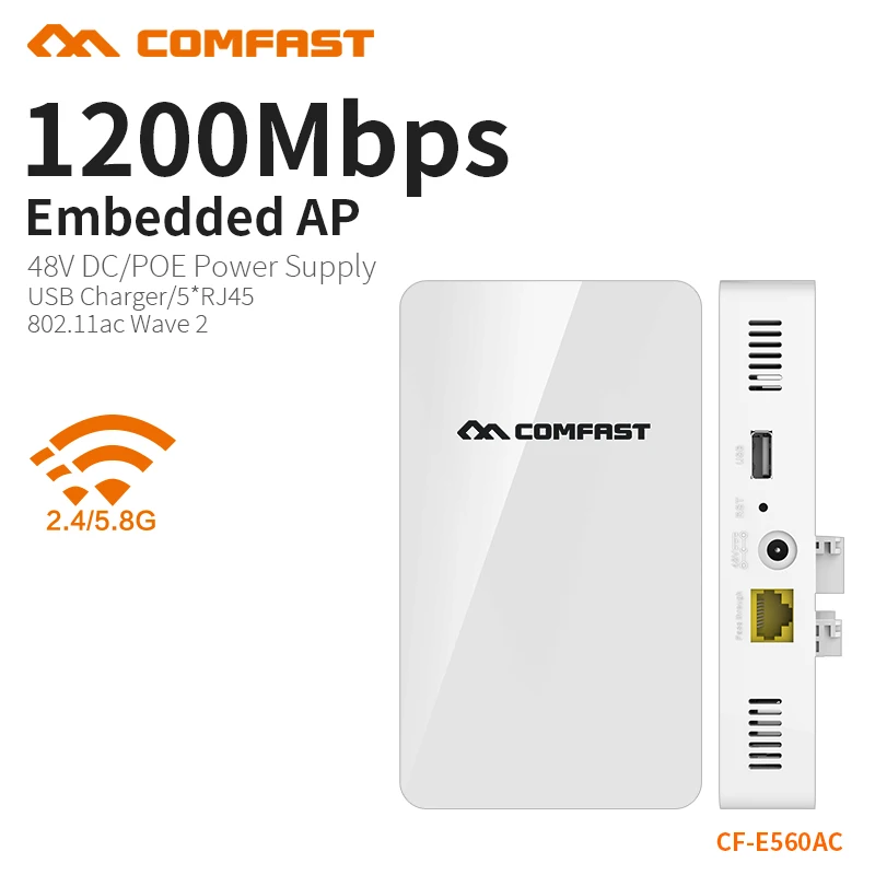

COMFAST 1200Mbs Wall Embedded AP Router 2.4G 5.8G Dual Band Wireless WIFI Wave2 Access Point USB Charger +5* RJ45 Port CF-E560AC