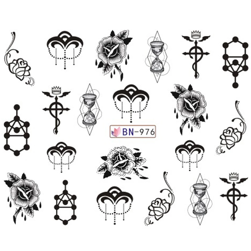 12 Design Water Transfer Decals Nail Sticker Black Rose Necklace Feather Halloween Polish Slider Decoration Manicure TRBN973 984|Стикеры и