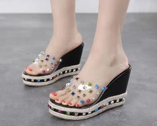 

BONJEAN Summer Newest Platform Wedge Slippers Woman Sexy PVC Patchwork Rivets Studded Outside Slides Ropse Braided Shoes