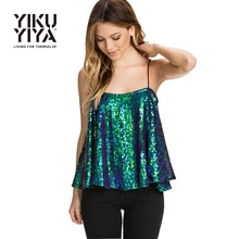 YIKUYIYA Punk Black Camis Women Sexy Off Shoulder Tops Green Spaghetti Strap Tank Female Gold Sequined Tops Party Vest Ladies