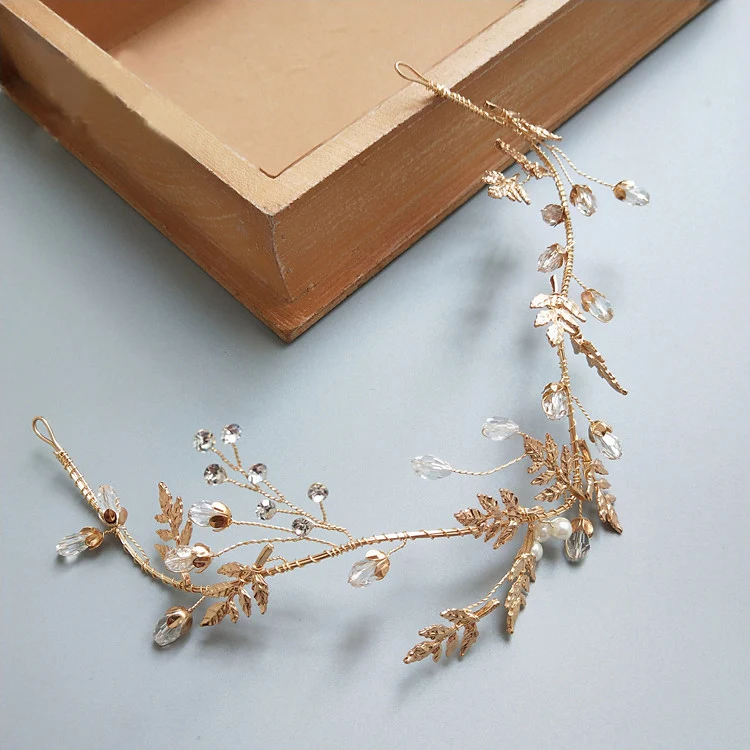 

Jonnafe Gold Leaf Bridal Headband Pearls Rhinestone Bridal Hair Vine Headpiece Women Wedding Prom Hair Accessories