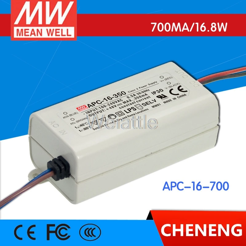 16.8W 9-24V 700mA Constant Current Mean Well APC-16-700 LED Power Supplies Input Output 90~264VAC; 127~370VDC.