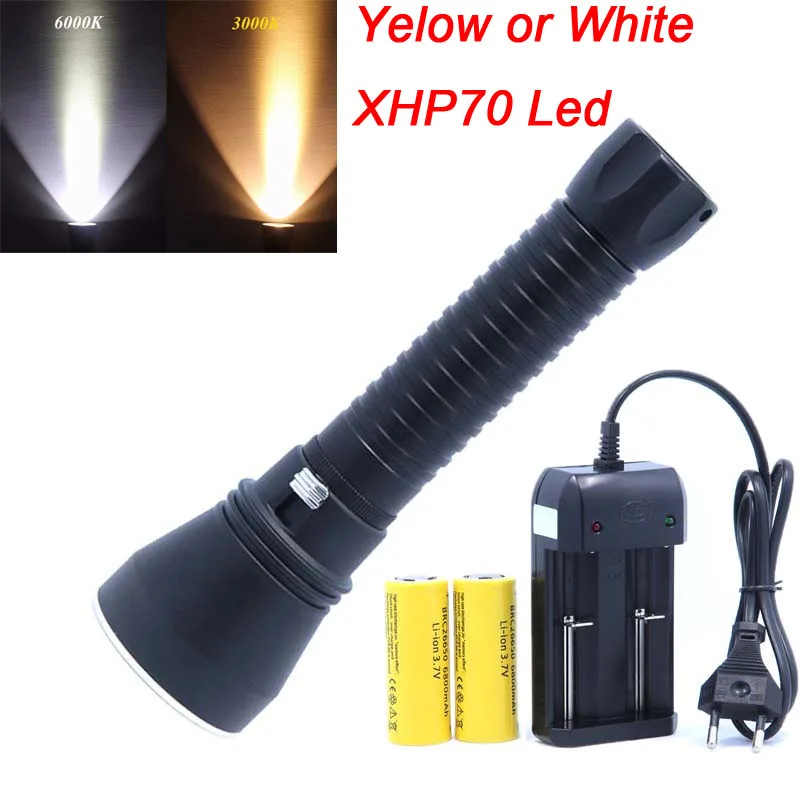 

Super Bright XHP70 LED Yellow Or White Light 4000 Lumens Diving Flashlight Tactical 26650 Torch Underwater 100M Waterproof