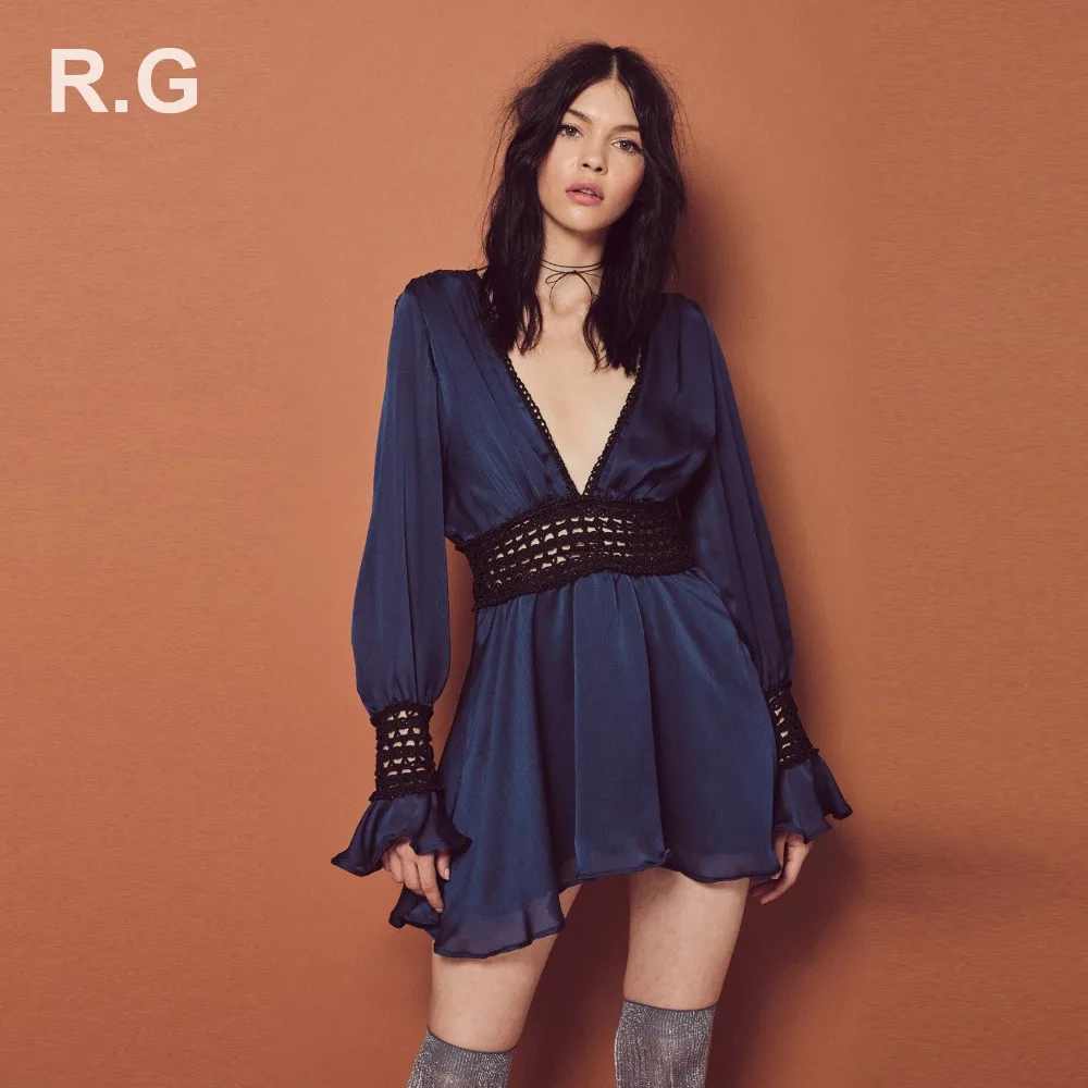 

RG Fashion Women Summer Chiffon Long Sleeve Dress Beautiful Waist Patchwork Deep V-Neck Sexy Mini Dress Plus Size XXL 2018