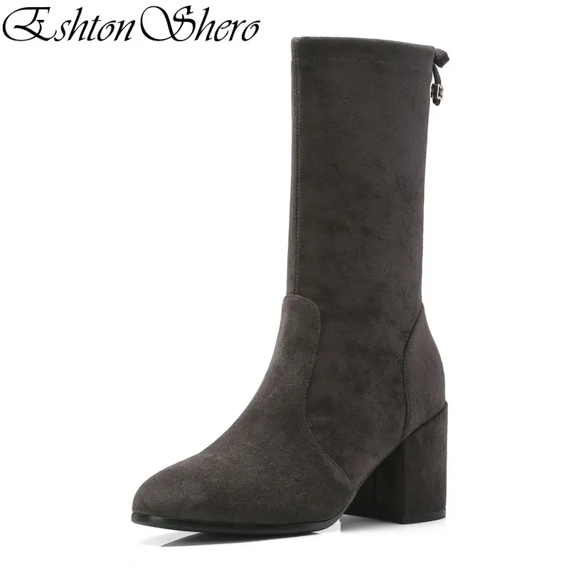 

EshtonShero Winter Shoes Woman Mid Calf Boots Flock Square High Heels Pointed Toe Ladies Motorcycle Women Sock Boots Size 34-39