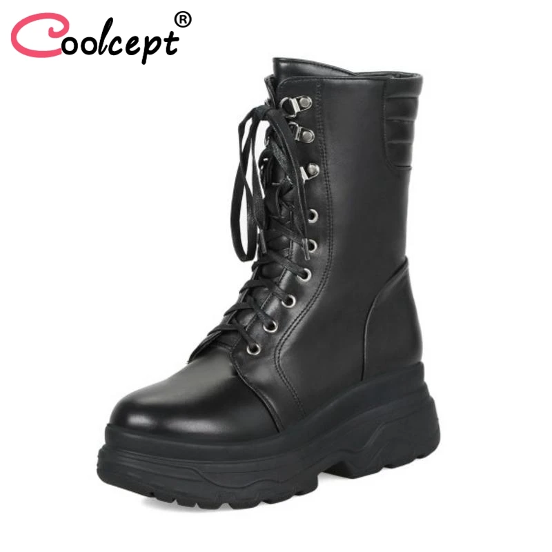 

Coolcept Women Winter Mid Calf Boots Lace Up Warm Fur Shoes Woman Round Toe Zipper High Heels Boots Platform Shoes Size 33-43