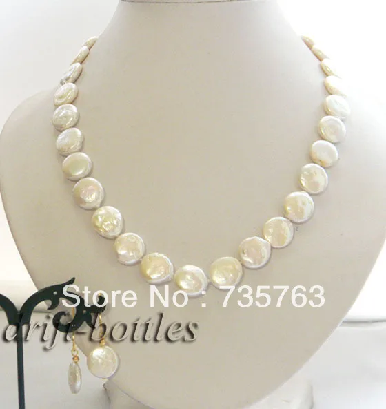 

HOT 00390 19''14MM White Coin Freshwater Pearl Earring Necklace Set
