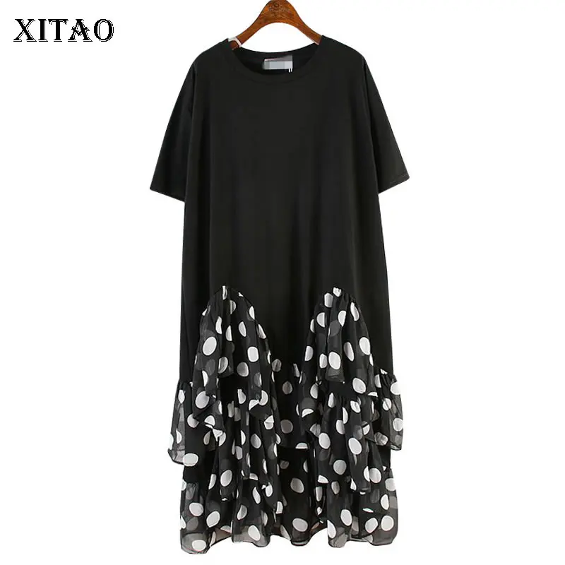

XITAO Splice Chiffon Dot Ruffle Midi Dress Women Slim Oversize O Neck Patchwork Tiered Ruffle Hem Korean Women Clothes WLD1114