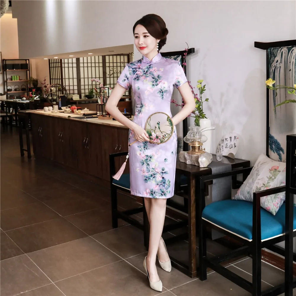 Шанхай история короткий рукав цветочный Qipao длиной до колена cheongsam платье китайский Восточный платья для женщин