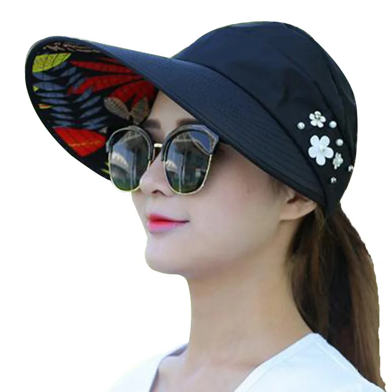 Новые летние пляжные женские солнцезащитные шляпы для защиты от УФ-лучей жемчужные Упакованные солнцезащитные козырьки шляпа с большими головками широкие полями женская шапка Горячая - Цвет: black