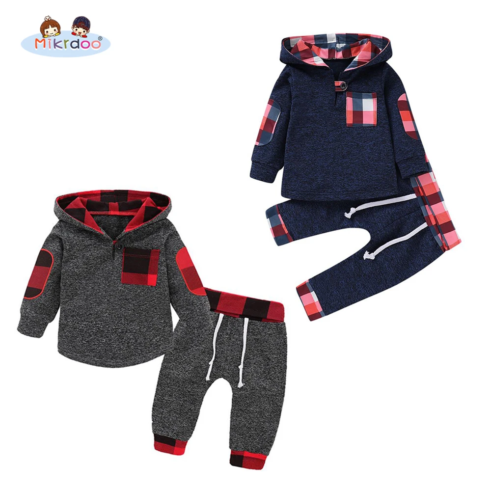 

Kids Toddler Baby Boys Girls Hooded Clothes Set Grey Plaid Hooded Clothing Top Pant Cotton Autumn Spring Style 2PCS Outfit