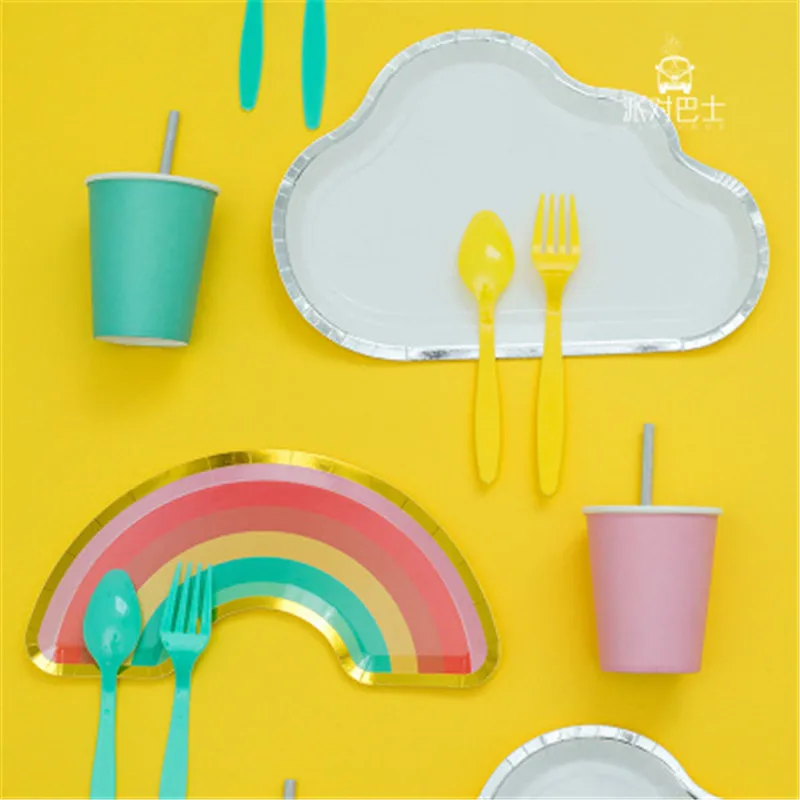

Set Rainbow Party Disposable Tableware Champagne Cup Plate Straws 1st Birthday Party Decor Kids Baby Shower Party Supplies