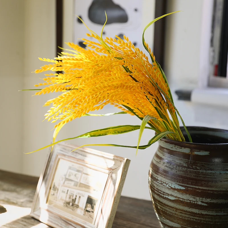 

yumai 5 Fork Wheat Ear Plant Autumn Decor Simulated Grain Yellow Rice Seedling Fake Branch Paddy Faux Food Fall Home Decoration