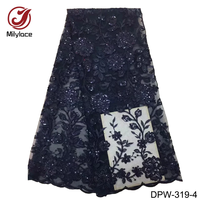

High quality sequins french lace fabric gray design embroidery dubai lace fabric 5 yards per lot party dress tulle lace DPW-319