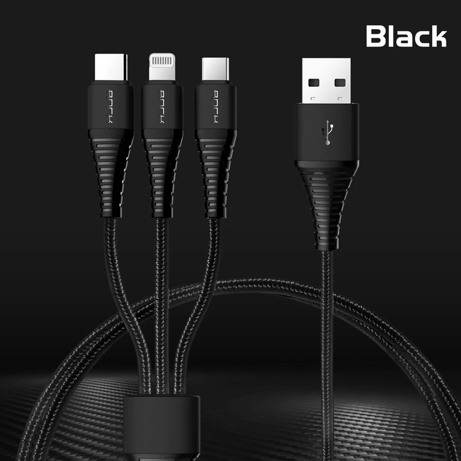 Высокопрочный зарядный usb-кабель для iPhone X 8 7 6 6 Plus, ROCK 3 в 1 USB type C Micro usb и зарядный кабель для зарядного устройства iPhone